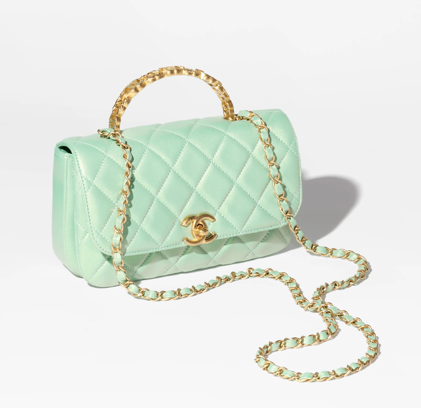 Chanel Small Flap Bag with Top Handle Pearly Lambskin, Strass & Gold-Tone Metal Light Green