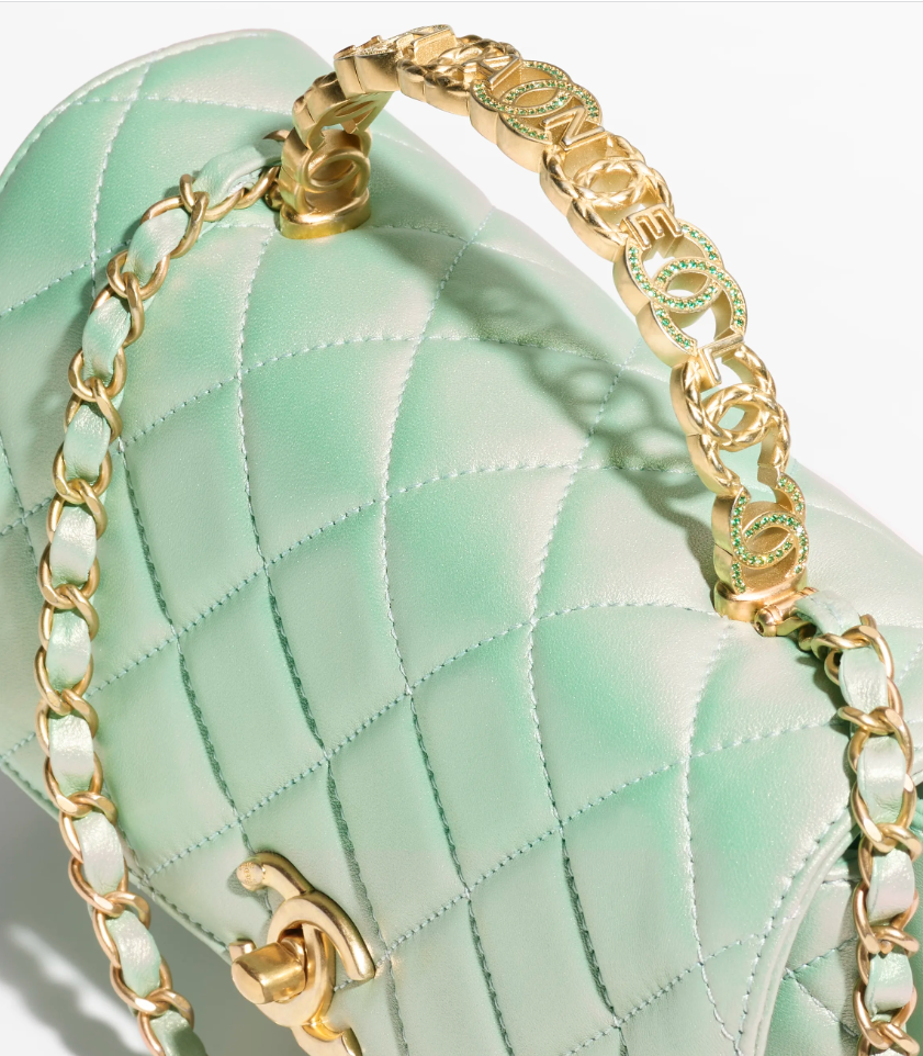 Chanel Small Flap Bag with Top Handle Pearly Lambskin, Strass & Gold-Tone Metal Light Green