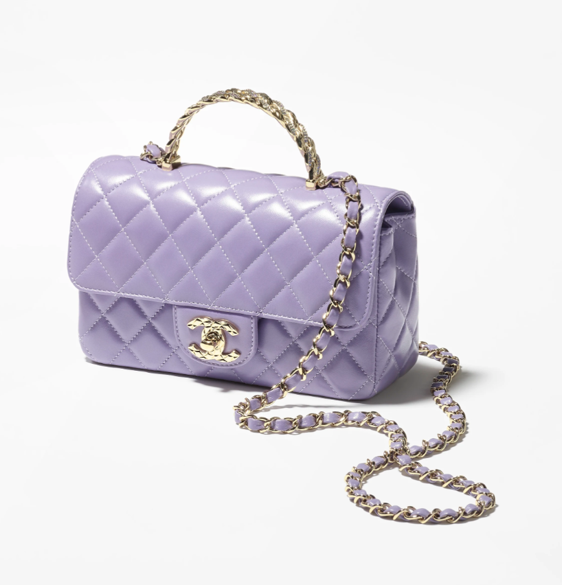 Chanel Mini Flap Bag with Top Handle Pearly Lambskin, Strass & Gold-Tone Metal Light Purple