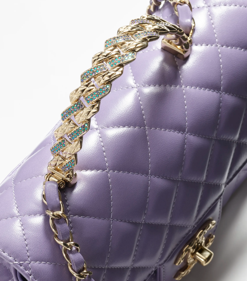 Chanel Mini Flap Bag with Top Handle Pearly Lambskin, Strass & Gold-Tone Metal Light Purple