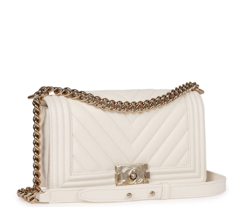 Chanel Medium Boy White Chevron Caviar Light Gold Hardware