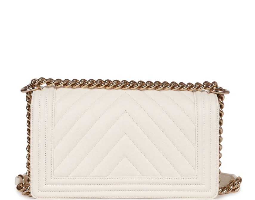 Chanel Medium Boy White Chevron Caviar Light Gold Hardware